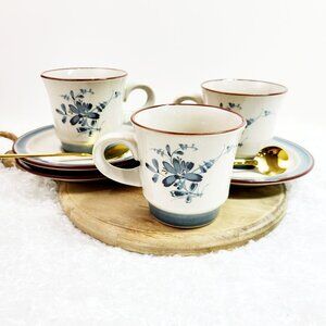 Noritake Stoneware Mugs Set of 3 Pleasure Blue Flowers, Japan, Discountined